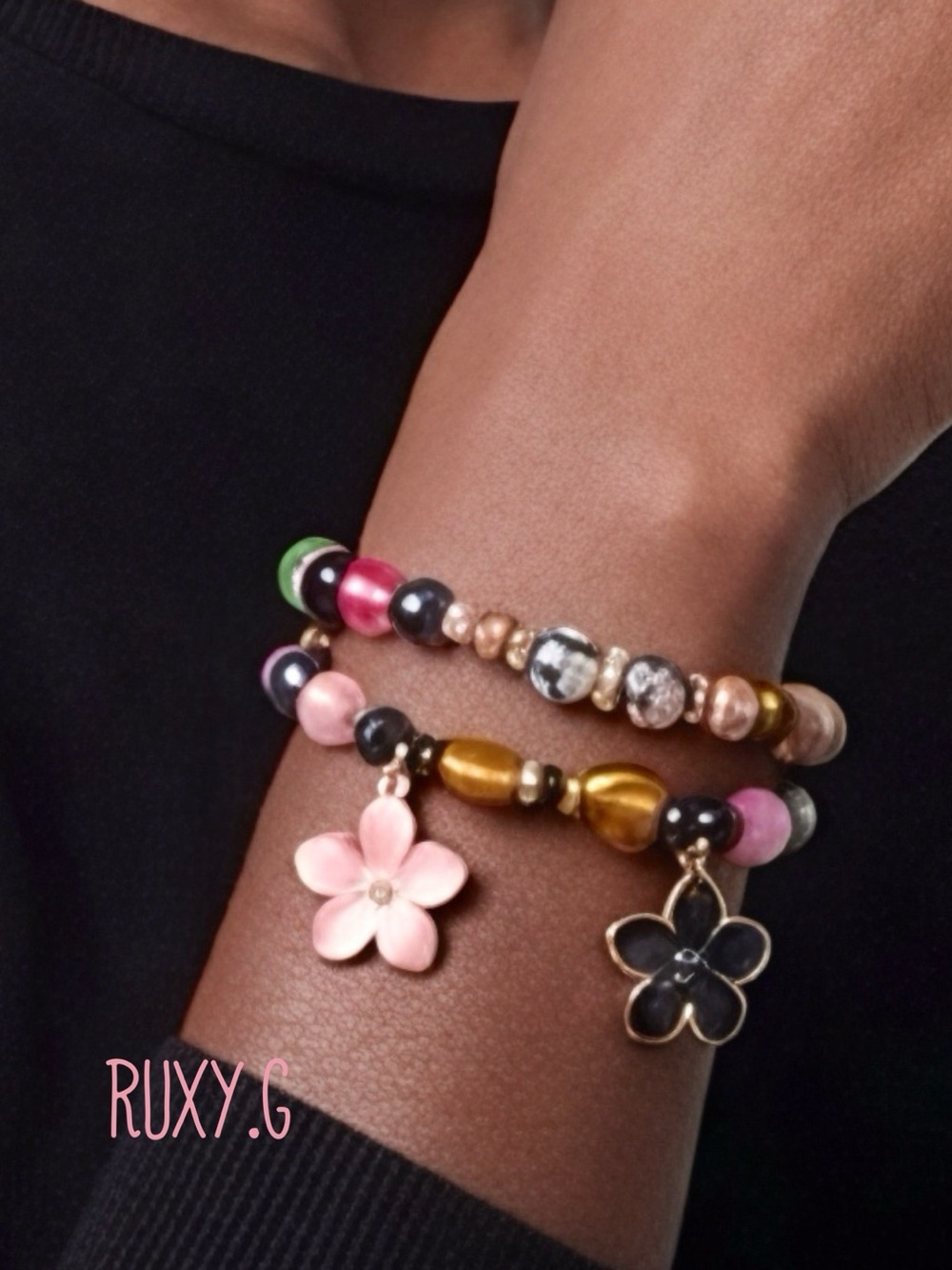 Pink and Grey Gold Flower Charm Bracelet Set